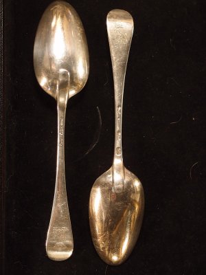 1740s Pair of heavy George II Sterling Silver Ebenezer Coker Table/Soup Spoons, London.