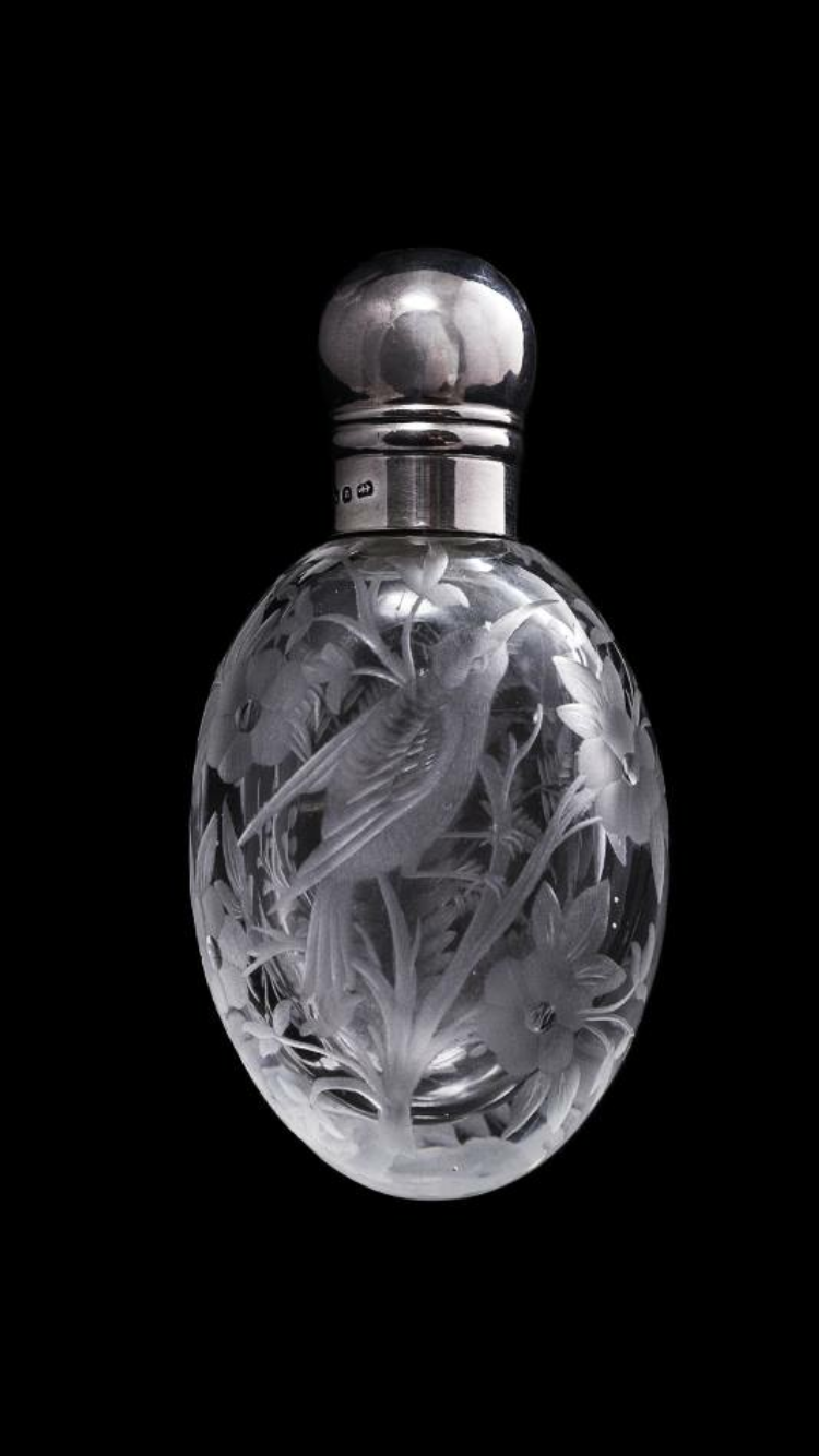 A fine etched silver & rock crystal perfume flask