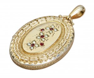 Victorian 9ct Gold Locket with Seed Pearls and Rubies