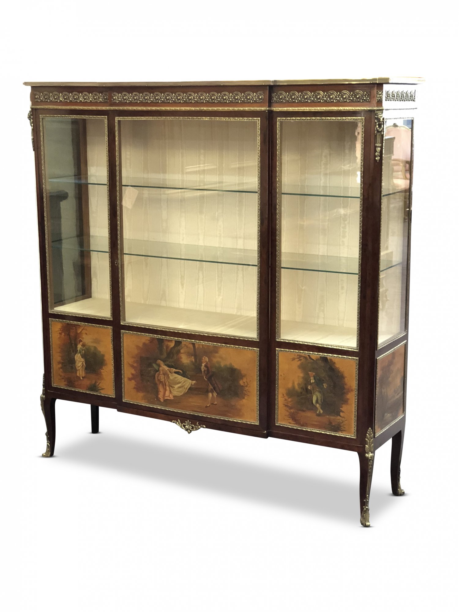 19th Century French Marble Top Breakfront Display Cabinet with Hand Painted Panels, c.1870