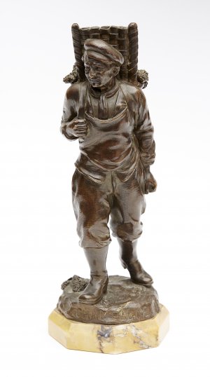 French Bronze Figure Of A Wine Merchant, on siena marble base. Stamped “Champagne 1918”.