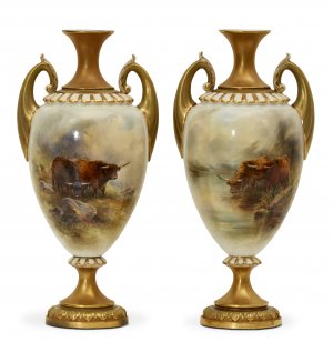 Superb Pr. Royal Worcester Double Handled Vases of Highland Cattle, Signed John Stinton.  *1 professionally restored