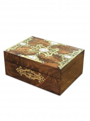 Victorian Burr Walnut Sewing Box with Decorative Bone and Brass Mounts
