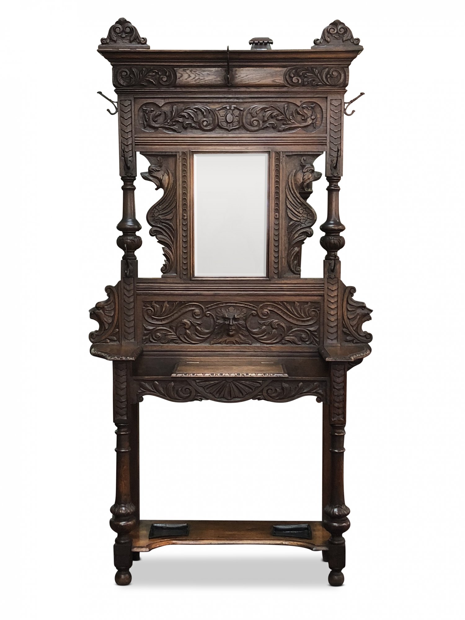 Late 19th Century English Oak Hall Stand with Ornate Mask Carvings