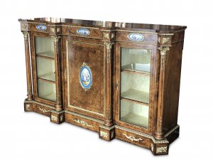 19th-Century English Burr Walnut 3-Door Credenza with Fluted Column Supports, Sèvres Panels, Ormolu Mounts