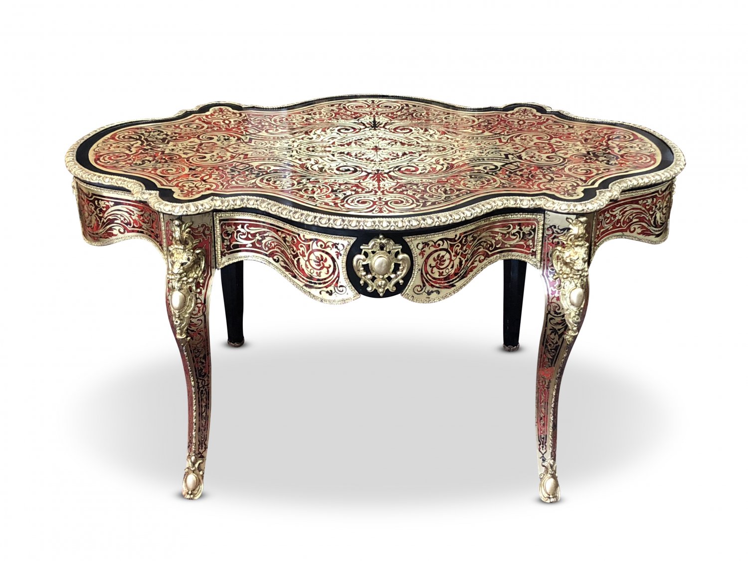 Outstanding 19th Century Ebonised Boulle Centre Table, with makers label under central drawer.
