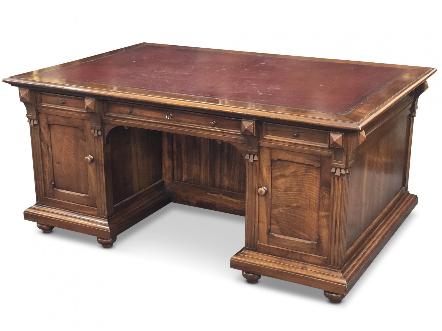 19th-Century French Walnut Pedestal Partner's Desk with Tooled Leather Top