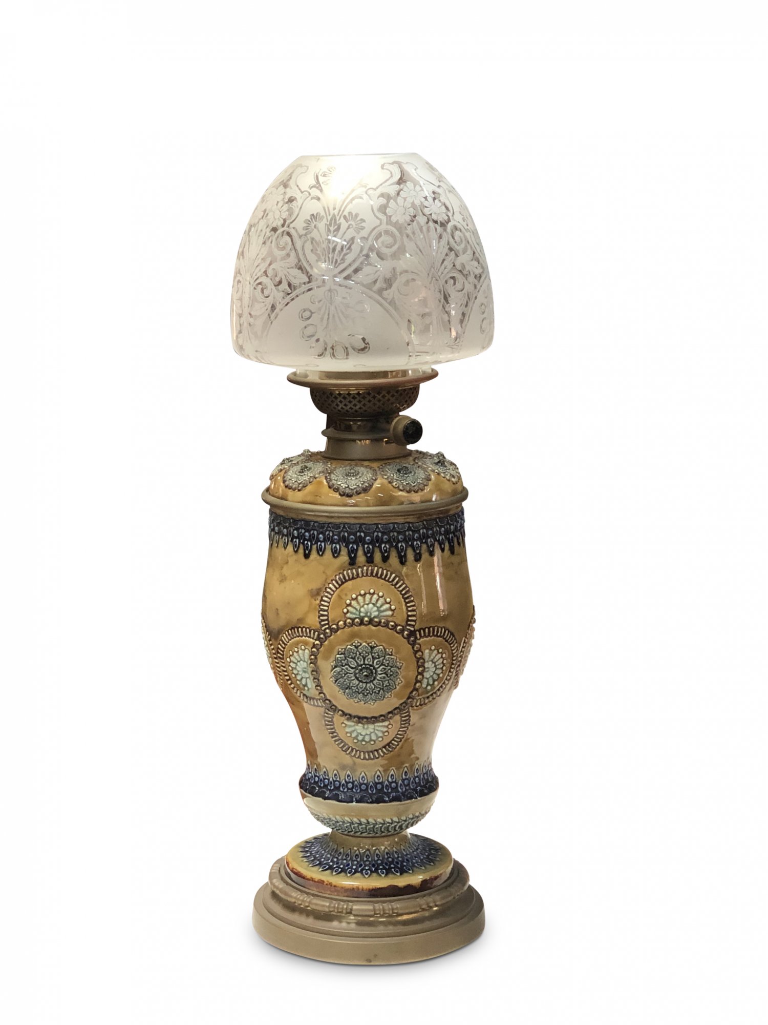 19th-Century Royal Doulton Double Burner Banquet Lamp, Original Shade 