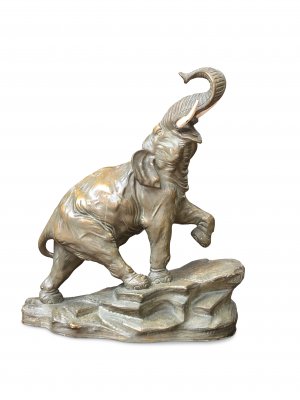 19th-Century Terracotta Elephant Trumpeting to the Jungle, Signed
