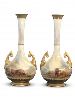 Beautiful Pair of Royal Worcester Highland Cattle Vases, signed H. Stinton 