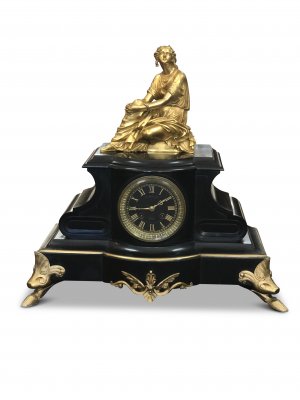 Superb 19th-century French antique bronze and marble clock, with hooved feet and topped with bronze figure of a huntress, marked 'Bernoux Bte, Paris' 
