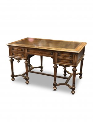 Antique late 19th-century French walnut desk, with drawers and original hand-tooled leather insert