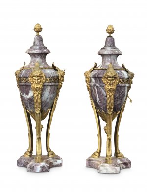 Superb pair of 19th-century French pink marble castolettes with gilt bronze masked mounts