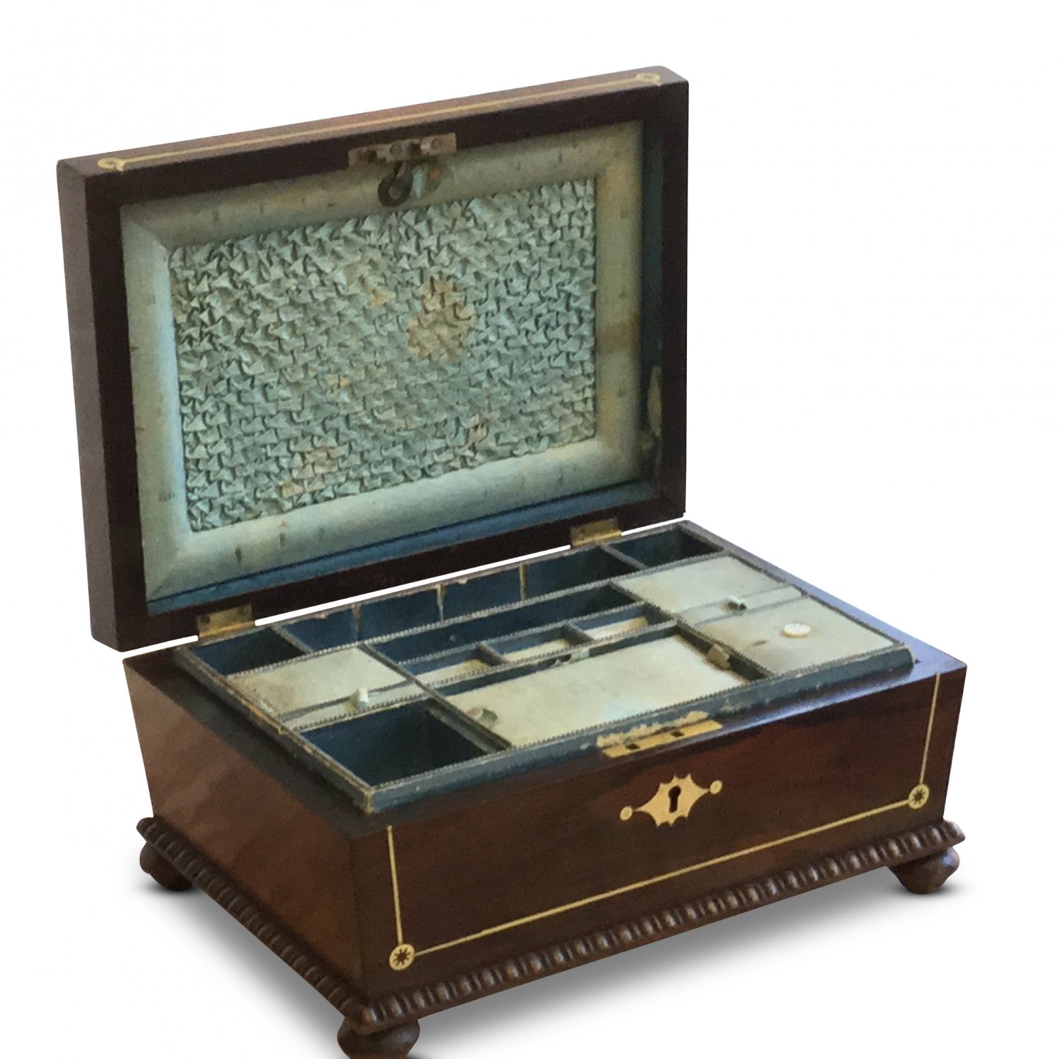 William IV rosewood sarcophagus-shaped sewing box, with brass inlays and fitted interior
