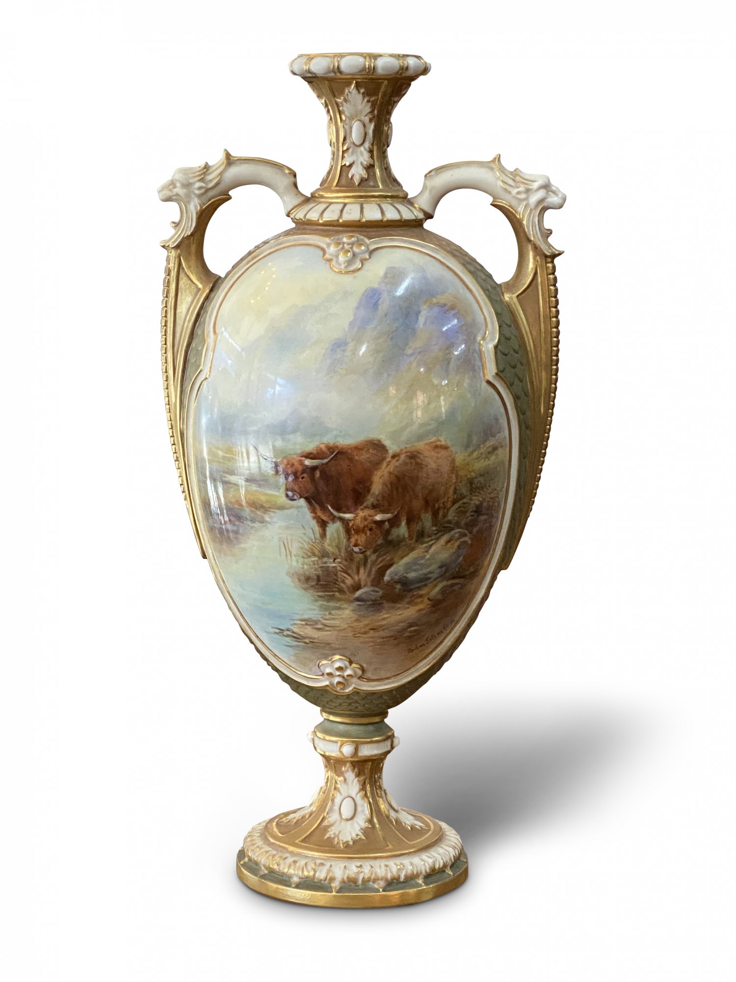 Royal Worcester double-handled vase, handpainted with Scottish highland cattle, signed John Stinton