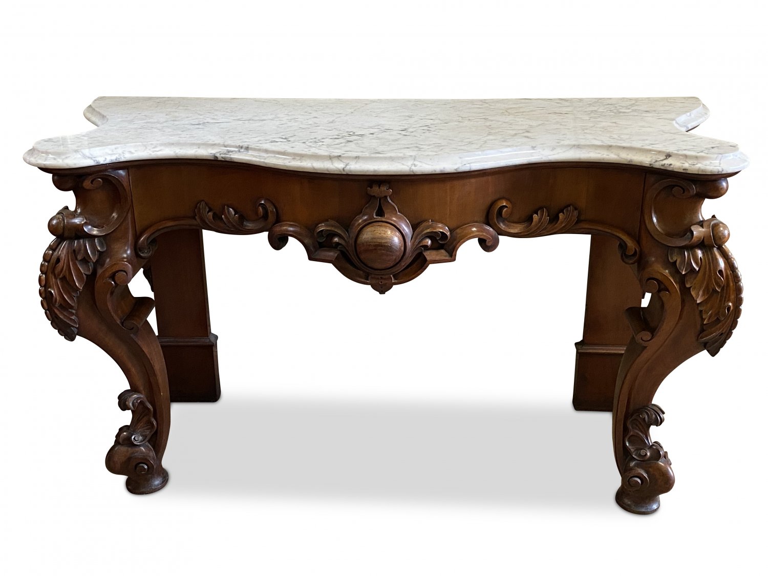 19th-century English mahogany serpentine console table with white Carrara marble top
