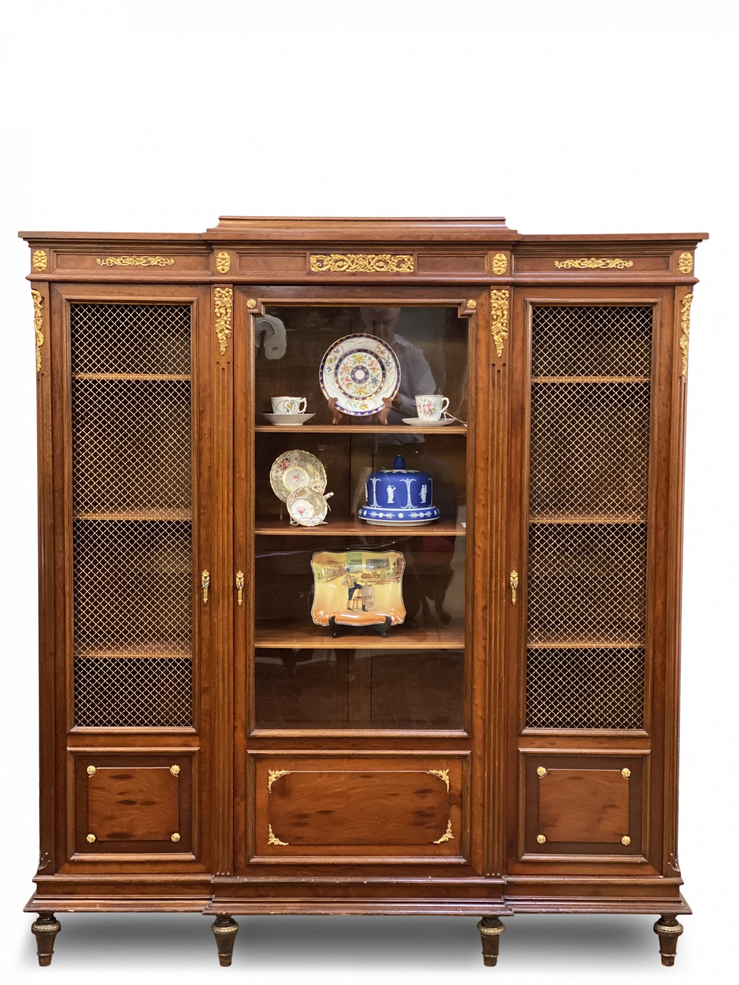 French 19th Century 3 Door Breakfast Bookcase, With Glazed Central Door Flanked by Mesh Panel Door, Decorated With Ormolu Mounts