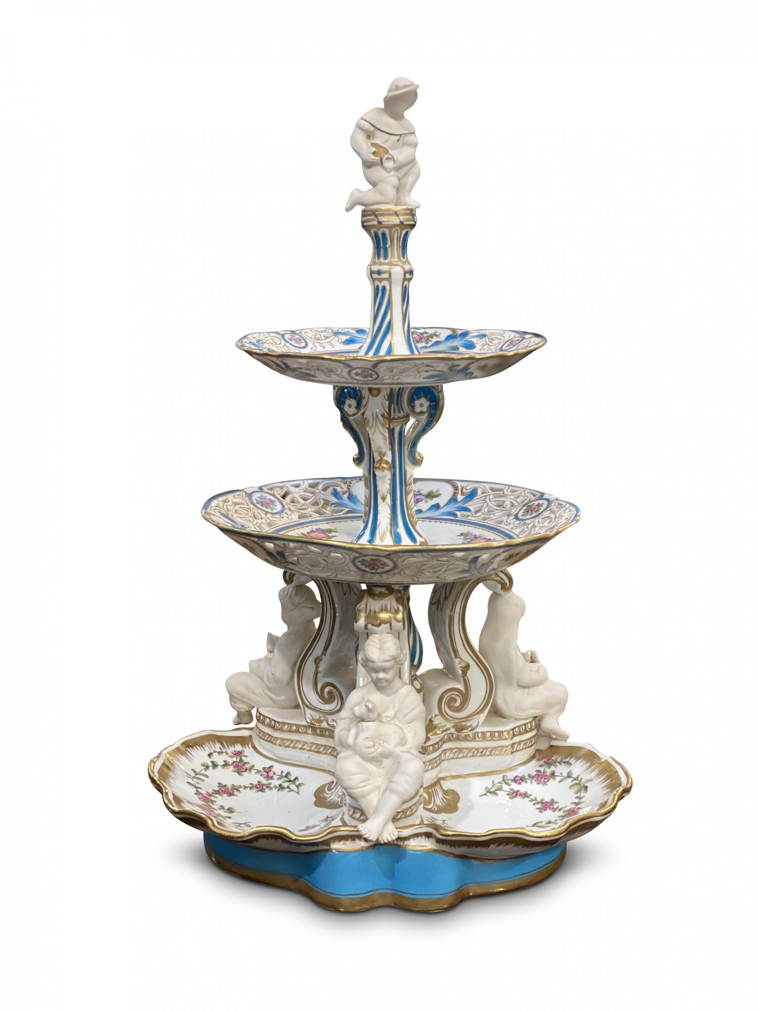 French 19th Century 3 Tier Figured Centre Piece With Hand Painted Floral Decoration