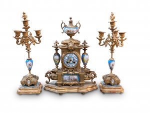 19th Century French Gilt Clock Garniture With Hand Painted Sevres Panels