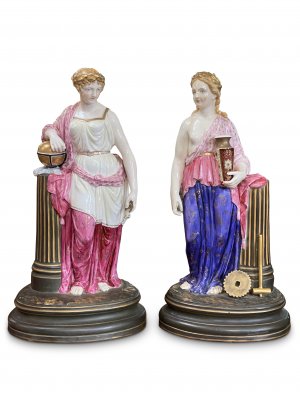 19th-century pair of finely decorated ‘Dresden China’ classically-dressed women