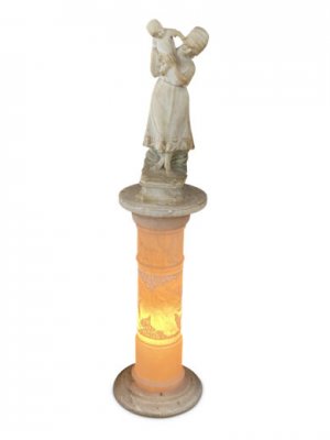 Alabaster figural lamp, mother and child on pedestal base with floral feature pattern