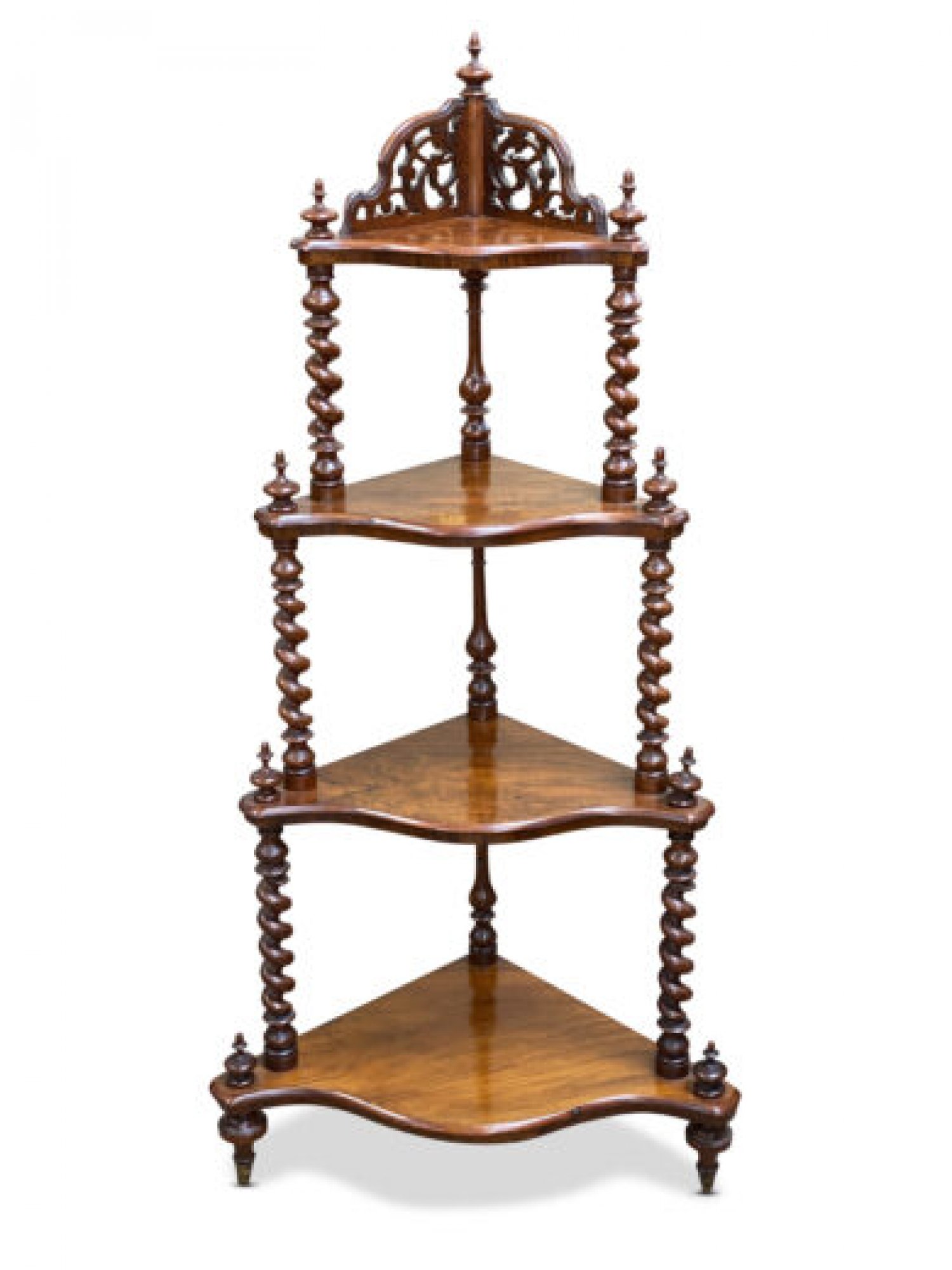 Victorian walnut four-tier what-not, with barley twist supports