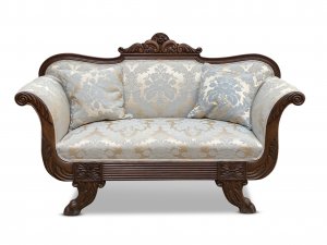 William IV mahogany two-seater settee with soft blue and gold damask upholstery