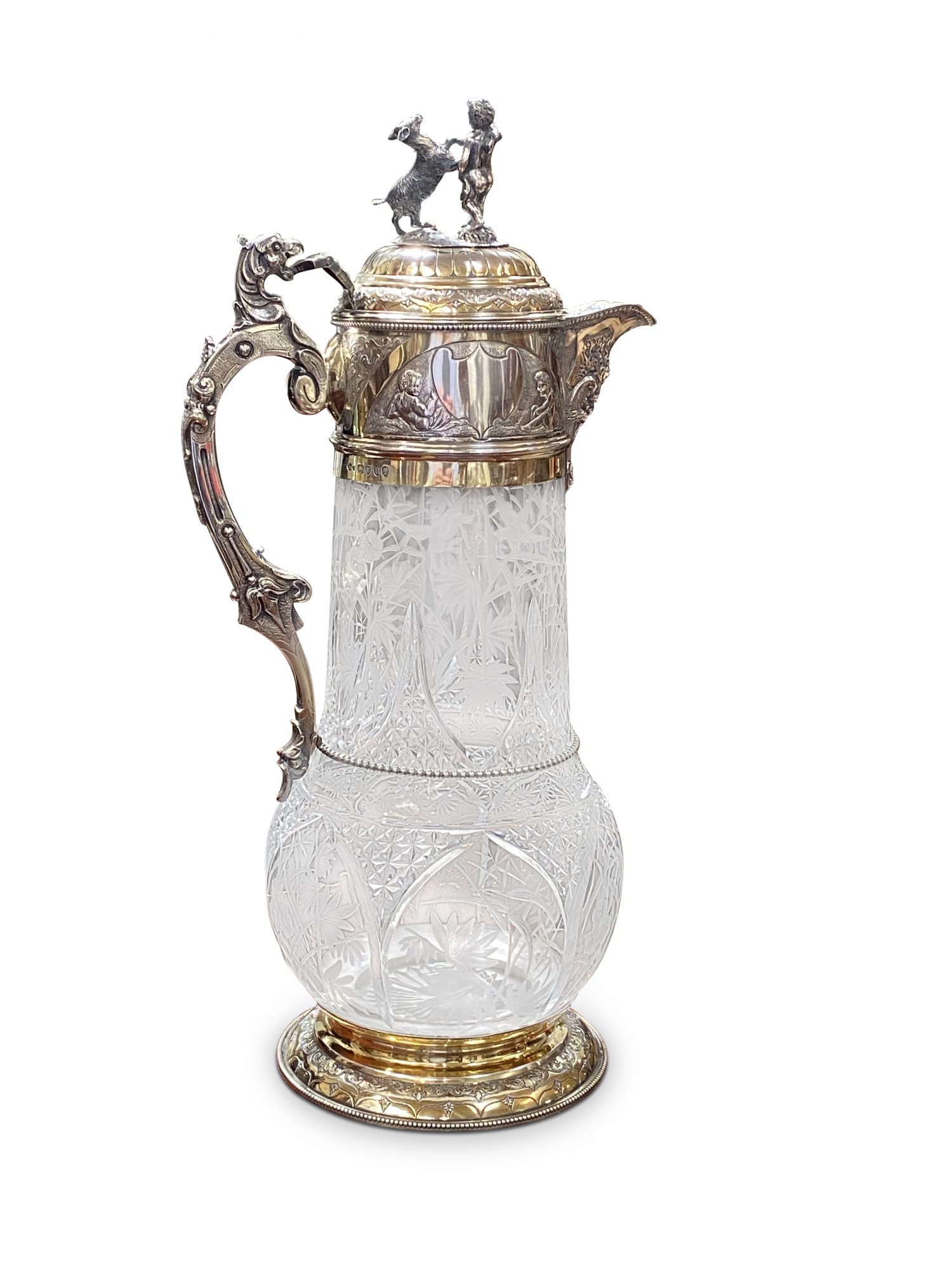 Superb 19th Sterling Silver and Gilt Ewer with exquisite hand cut crystal by Charles Edwards London