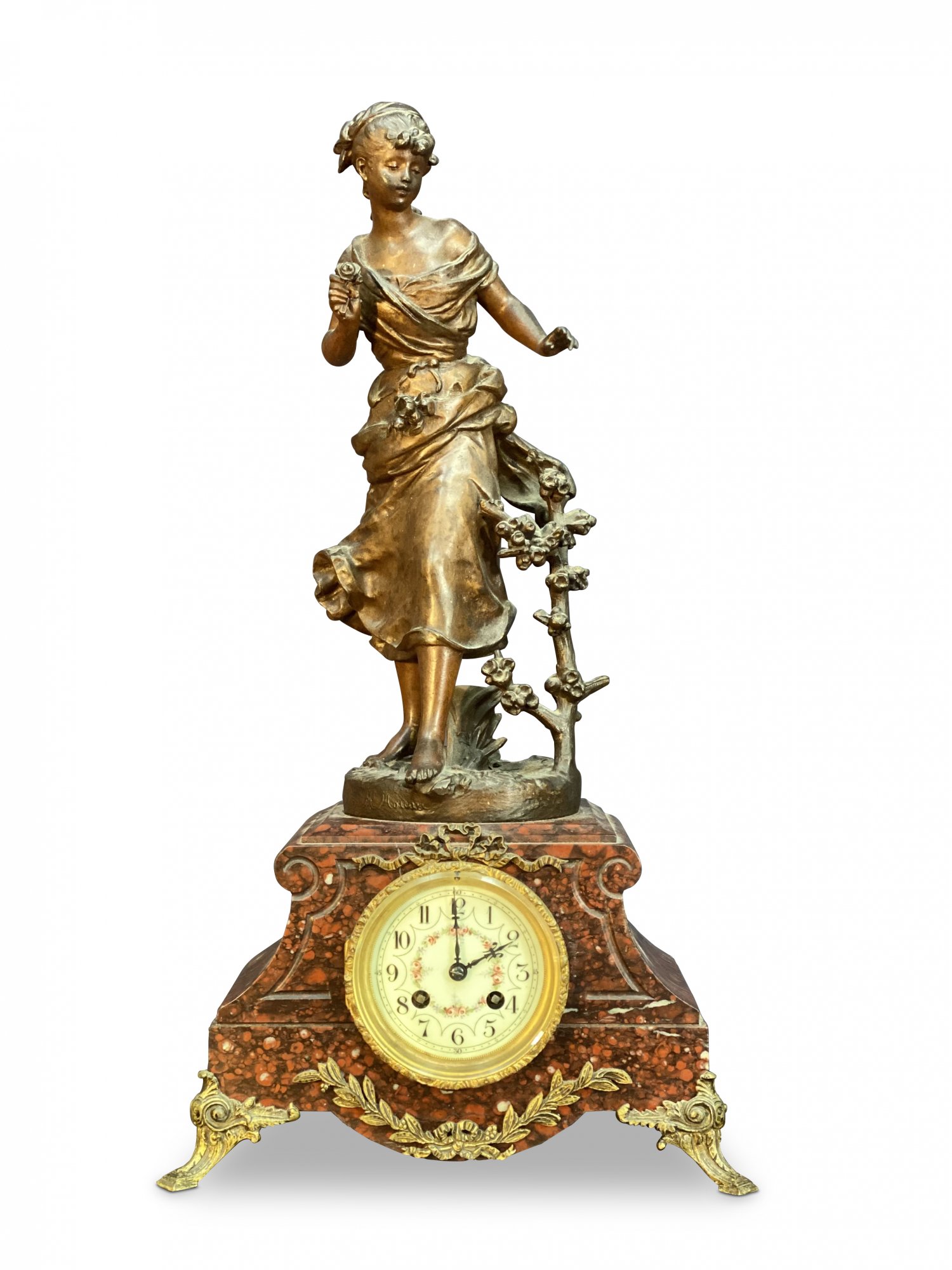 Beautiful French Rouge Marble 8 Day Striking Mantle Clock by S.Marti