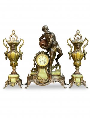 Art Nouveau 3 Piece Bronzed 8 Day Mantle Clock Set, “Le Torrent” by Julien Causse 