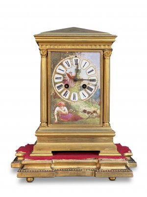 19th Century French Gilt Mantle Clock, With Hand Painted Scenes