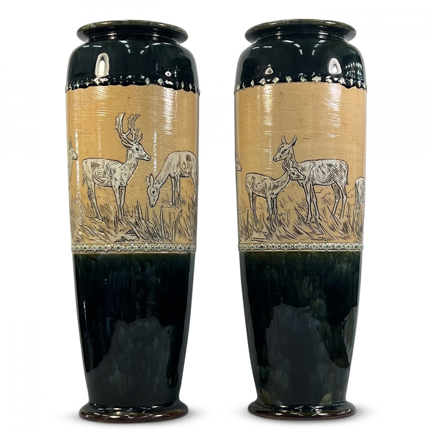 Pair Royal Doulton Stoneware Vases, Incised with Deer 