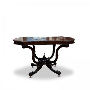 Burr walnut occasional table with an ornate birdcage base