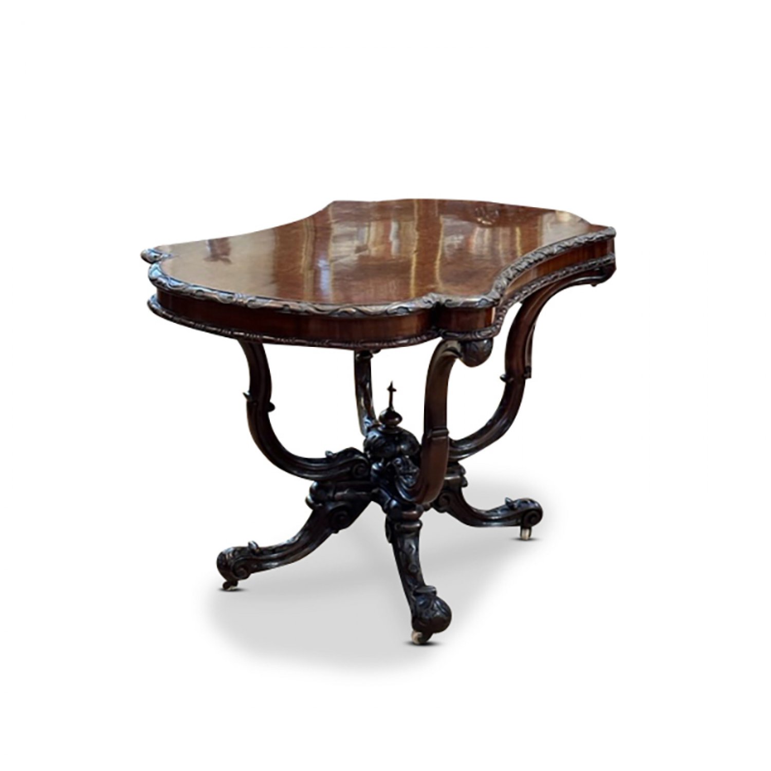 Burr walnut occasional table with an ornate birdcage base