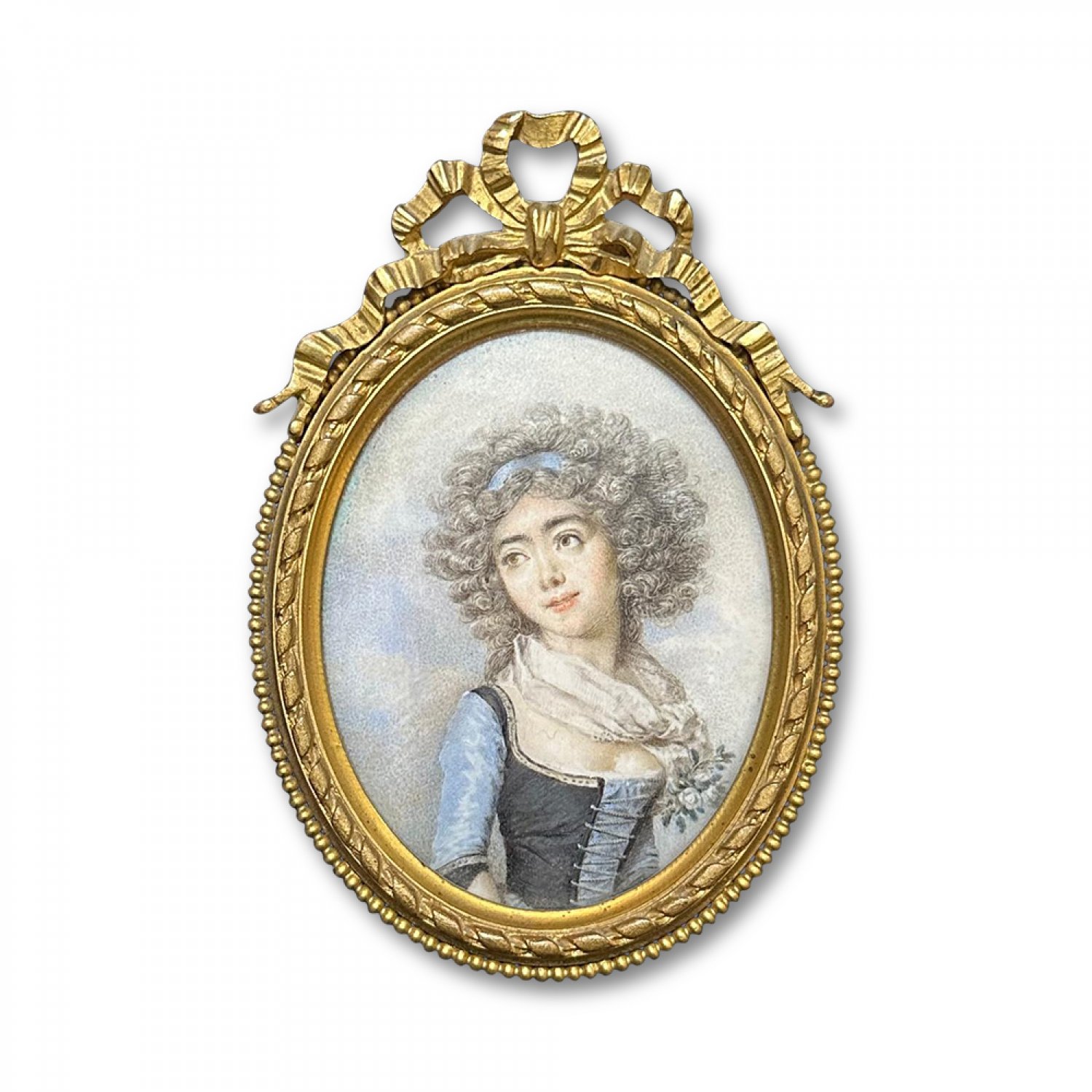 Superb Georgian ivory portrait of a lady, gilt bronze frame 