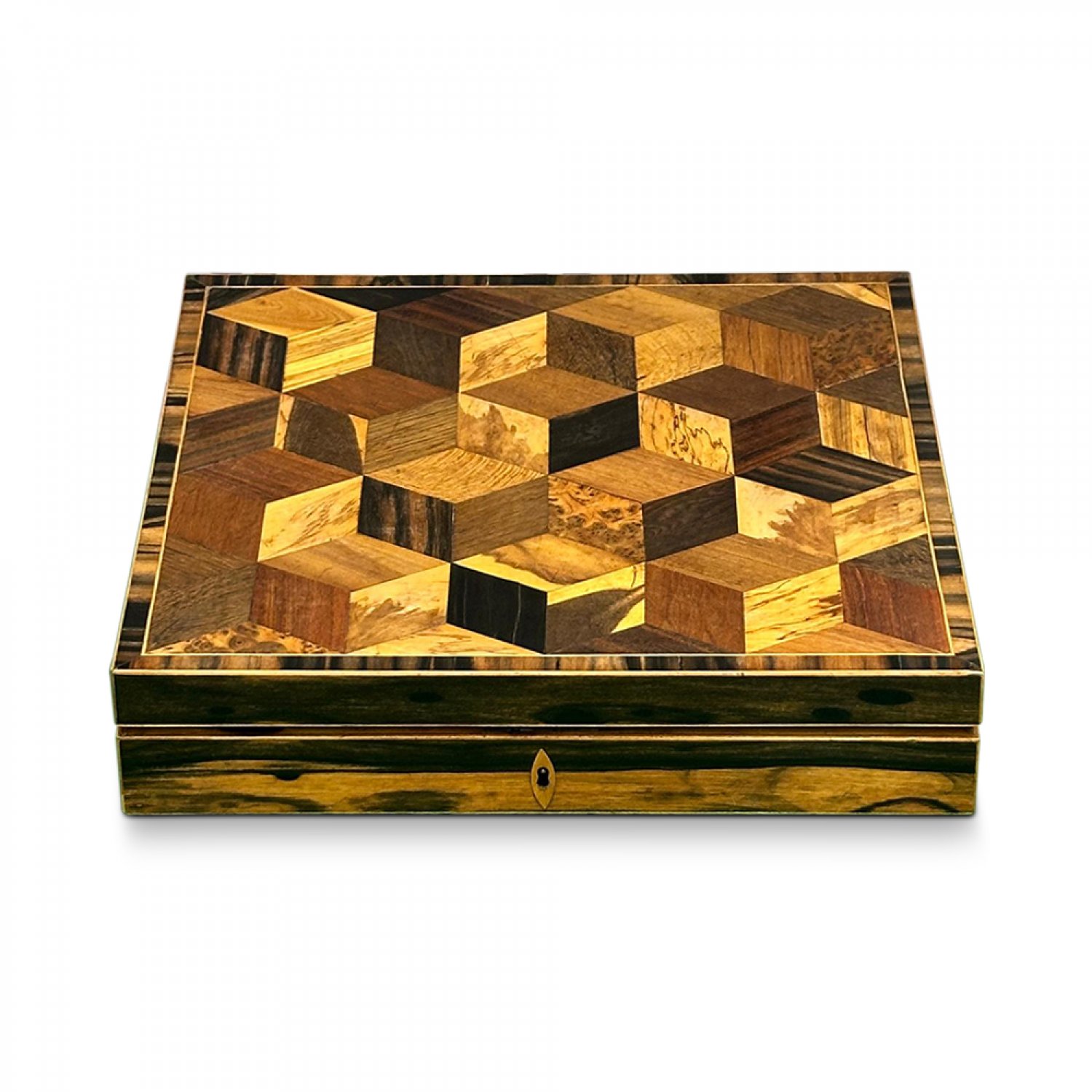 Rare early 19th century English coromandel writing slope with cubic inlays 