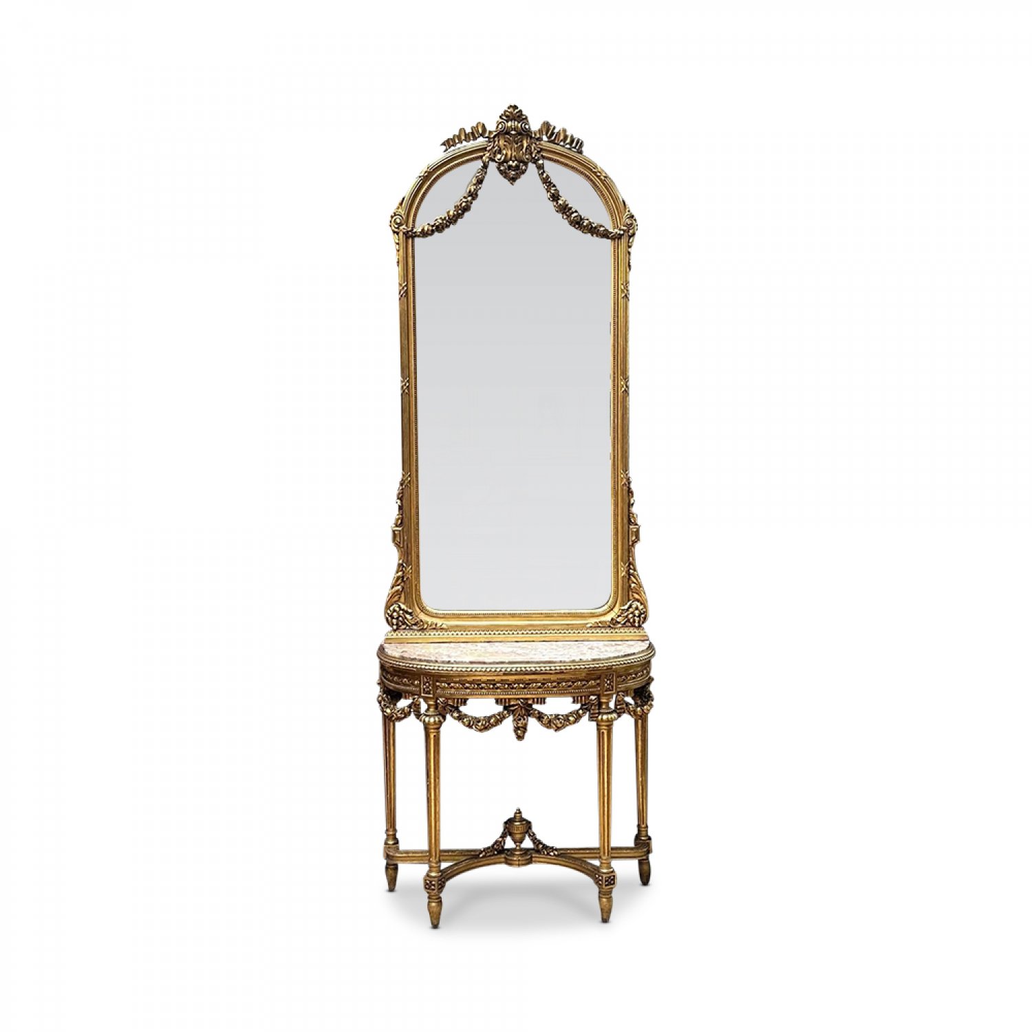 Superb 19th century French gilt half round rouge marble top console table and mirror 