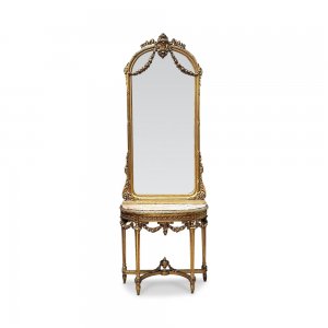 Superb 19th century French gilt half round rouge marble top console table and mirror 
