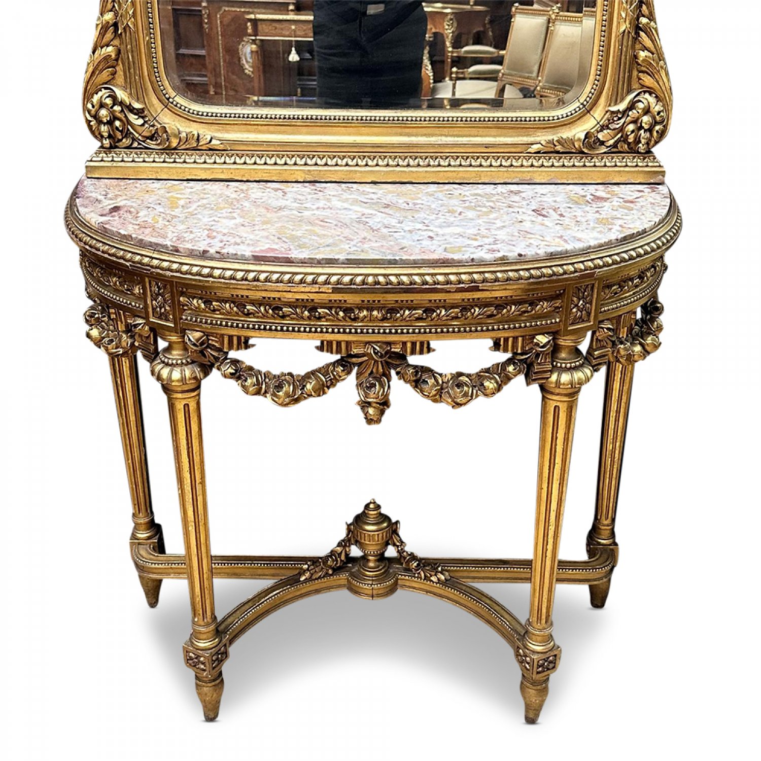 Superb 19th century French gilt half round rouge marble top console table and mirror 