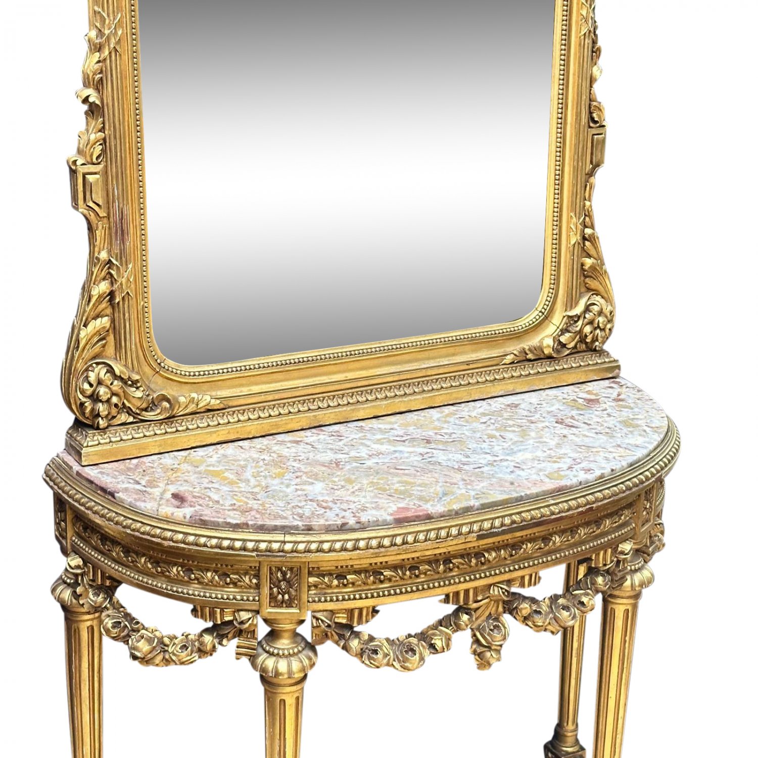 Superb 19th century French gilt half round rouge marble top console table and mirror 