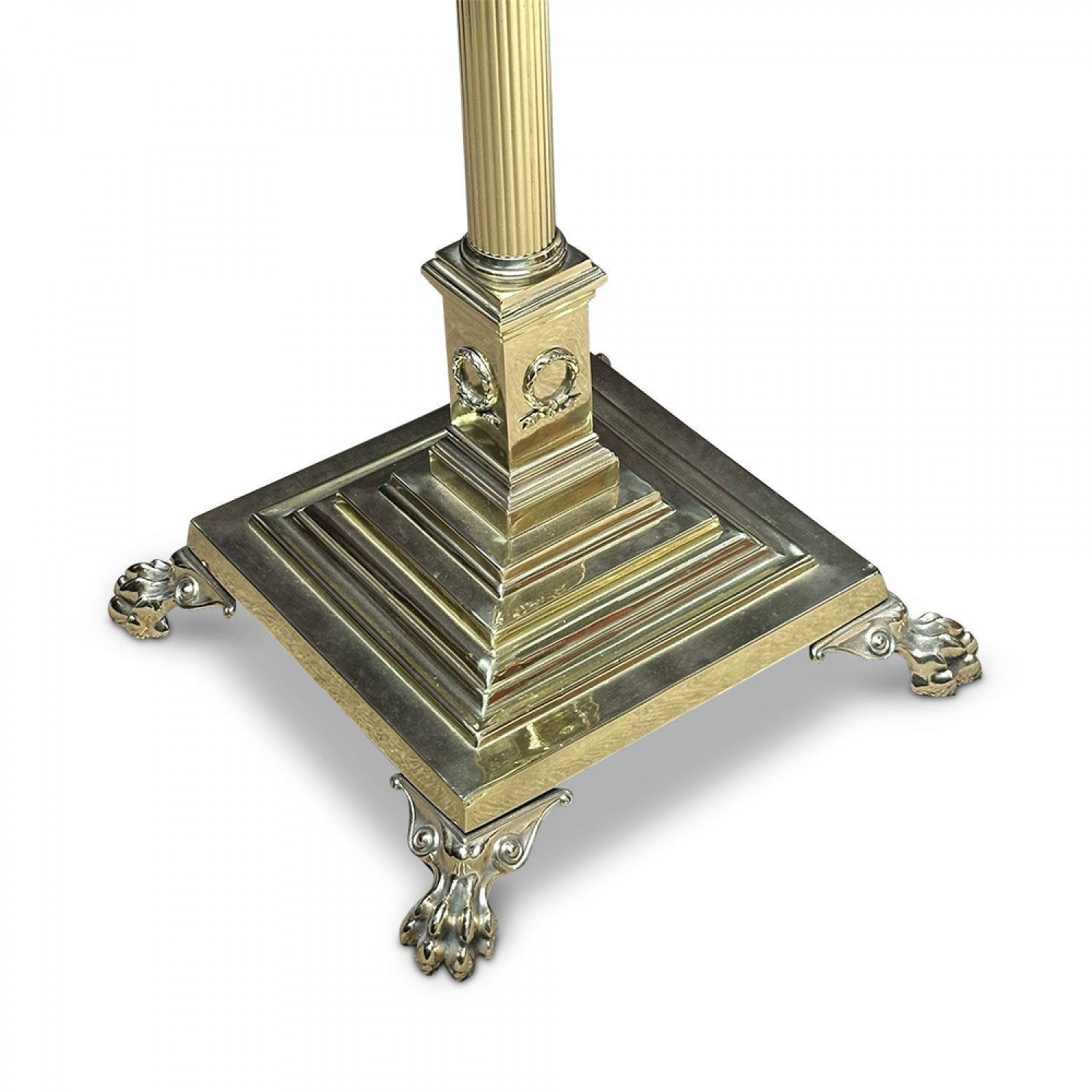 19th century brass Corinthian column standing lamp and shade 