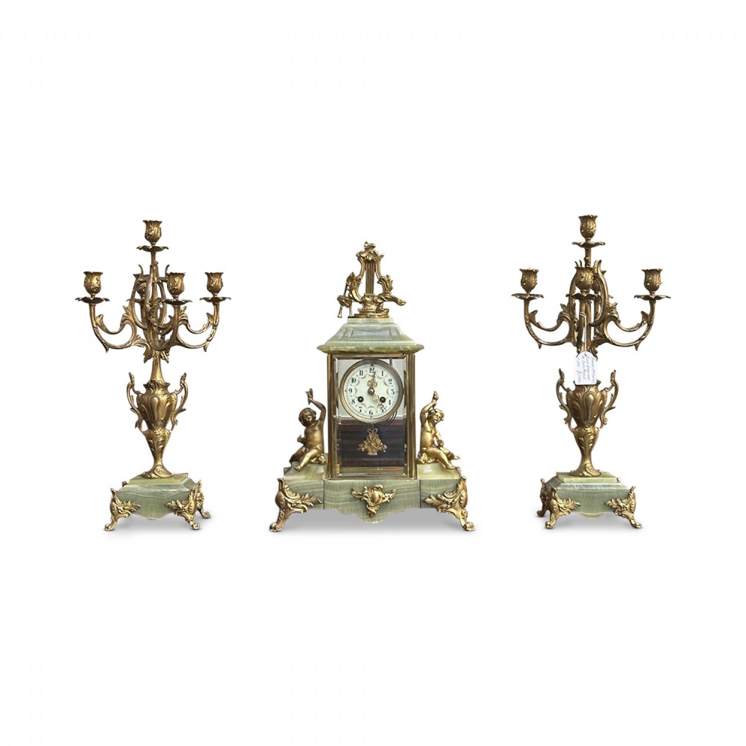 French 19th century clock garniture on green onyx 