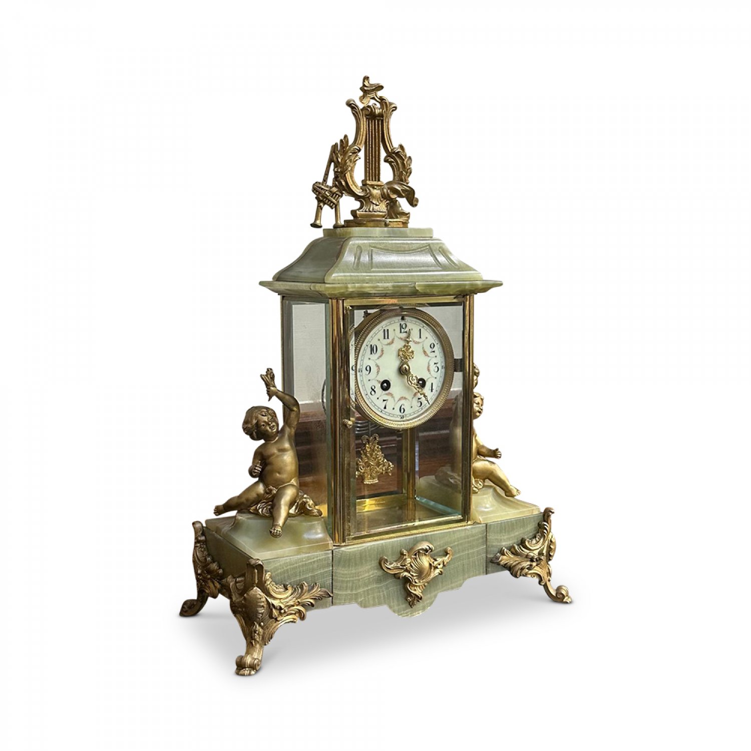 French 19th century clock garniture on green onyx 