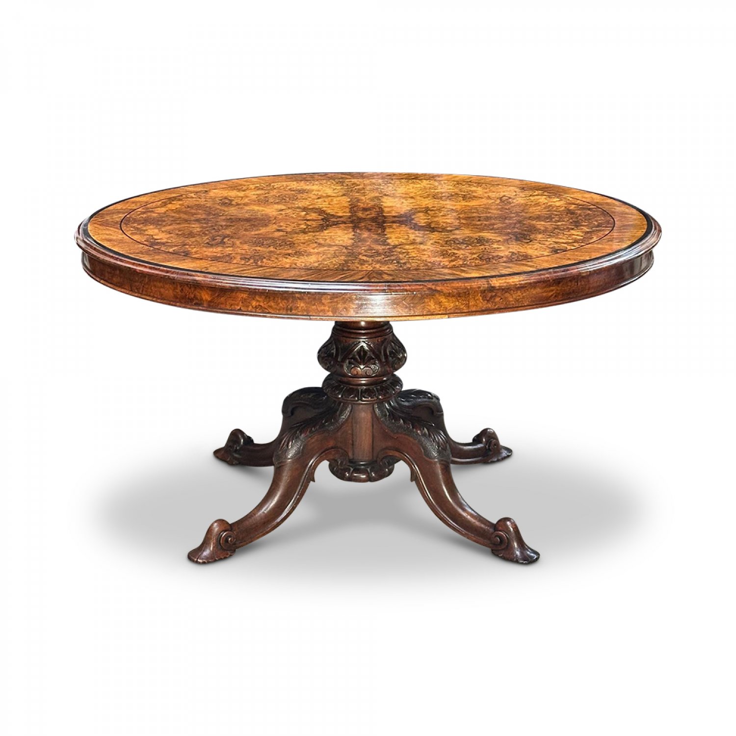 English burr walnut crossbanded oval centre table 