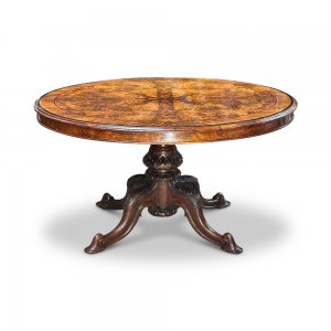 English burr walnut crossbanded oval centre table 