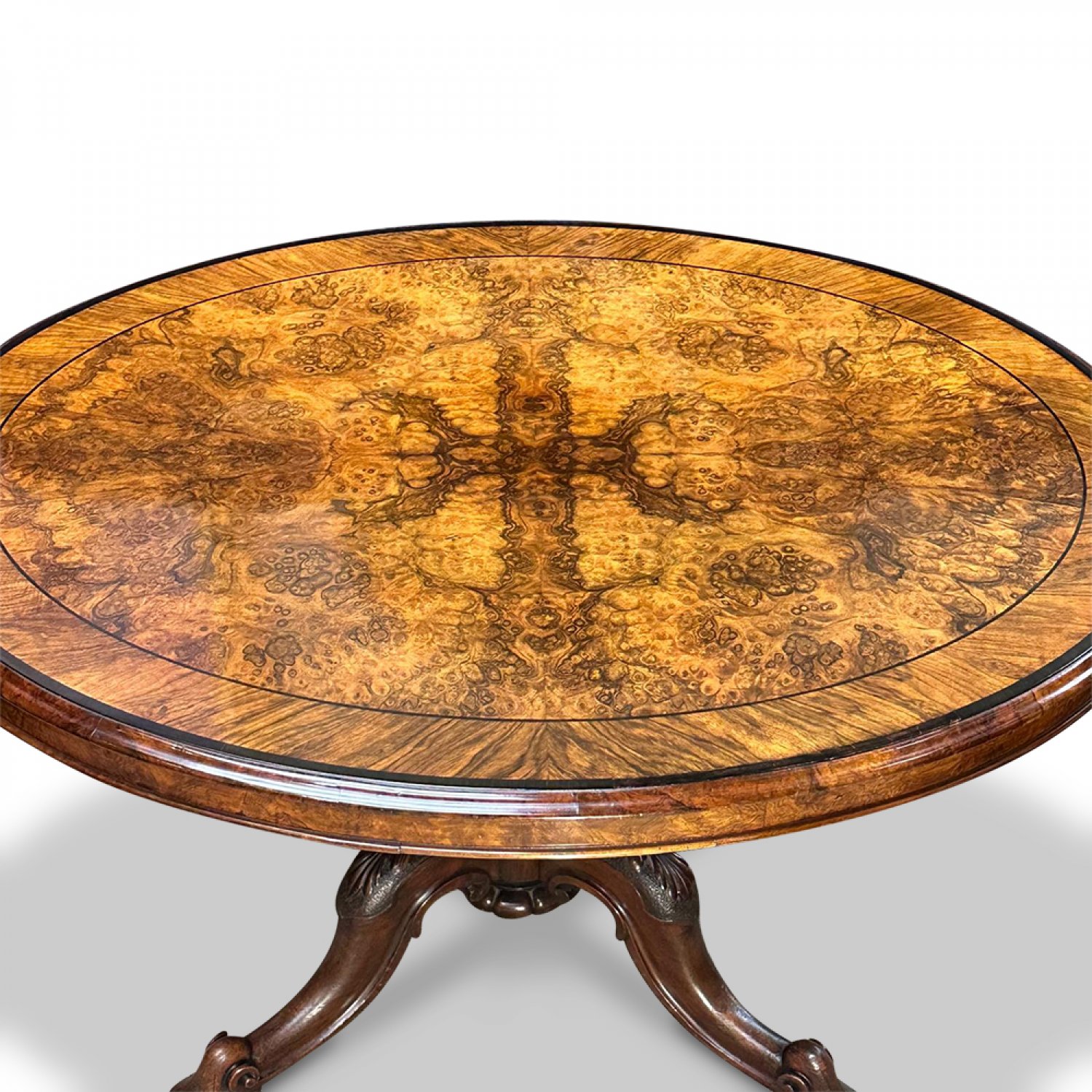 English burr walnut crossbanded oval centre table 