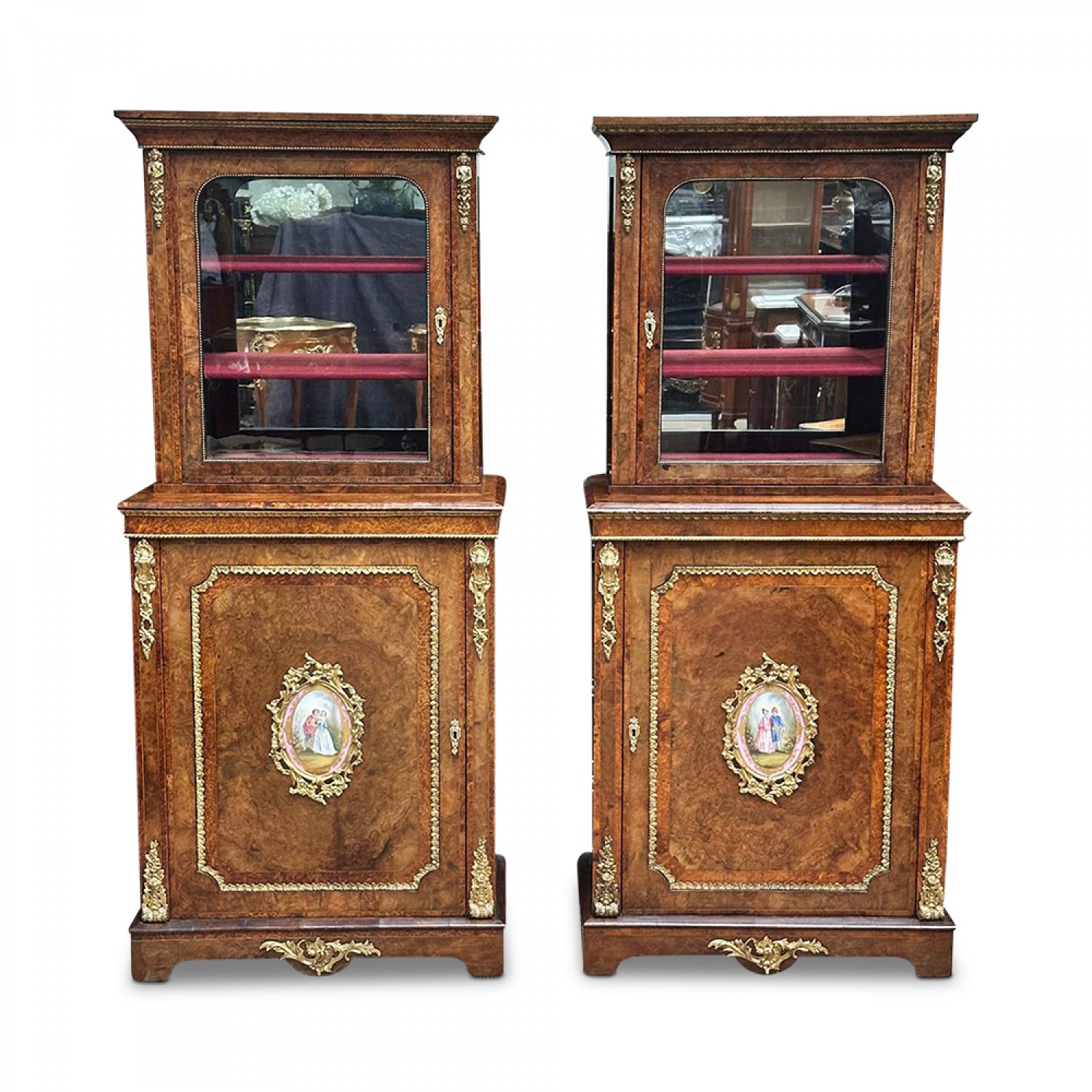 Rare pr English burr walnut display cabinets with sevres panels 