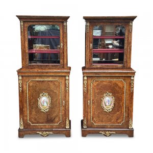 Rare pr English burr walnut display cabinets with sevres panels 