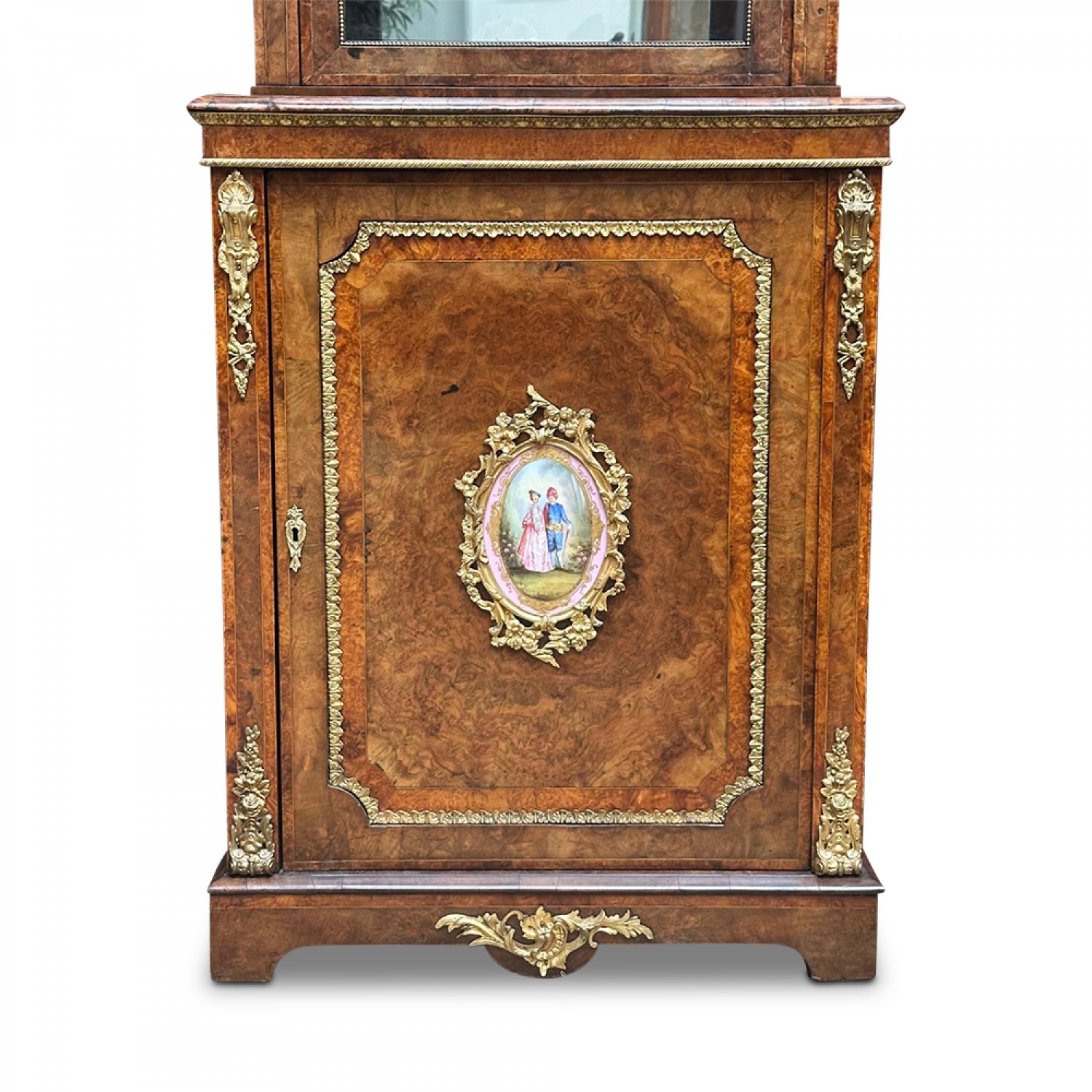 Rare pr English burr walnut display cabinets with sevres panels 