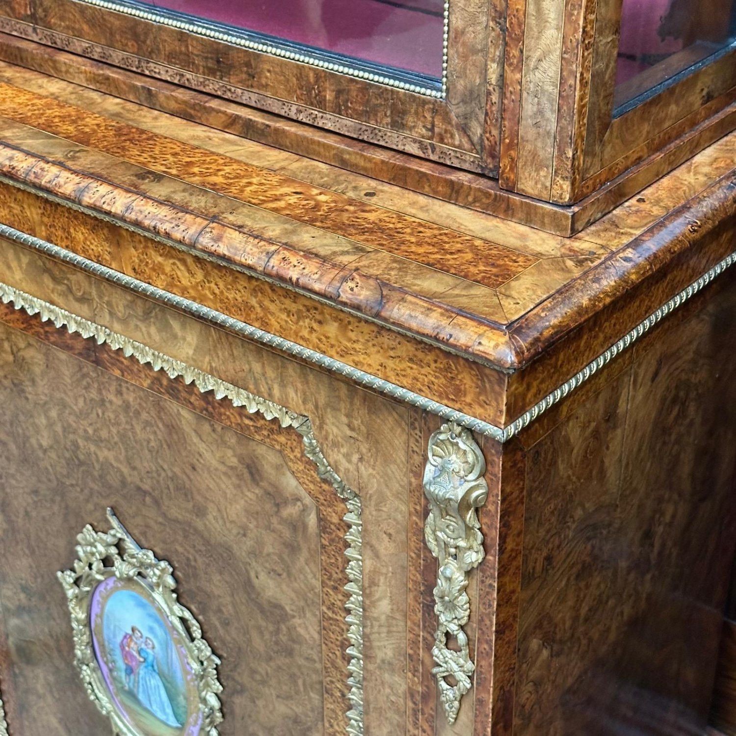 Rare pr English burr walnut display cabinets with sevres panels 